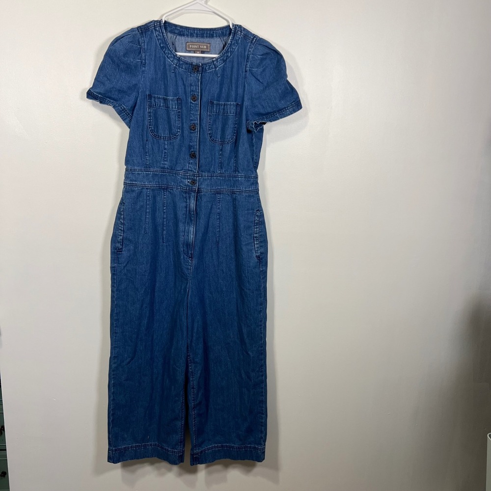 Point Sur Womens Denim Puff Sleeve Wide Leg Utility Jumpsuit Blue 10